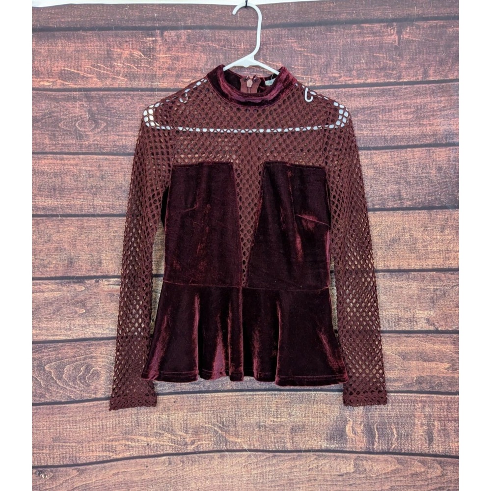 Charlotte Russe Velvet Mesh Peplum Top Burgundy Long‎ Sleeve Mock Neck Jrs  Med